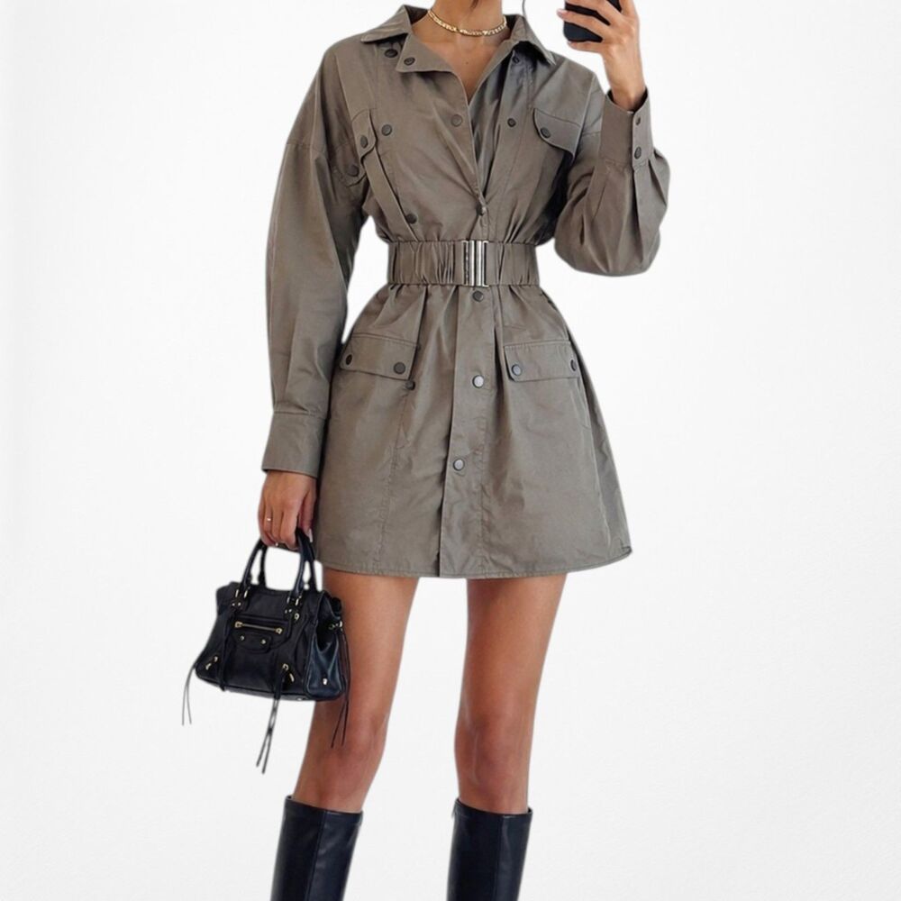 Olive Green Utility Shirt Dress Belted Safari Dress Long Sleeve Knee Length S